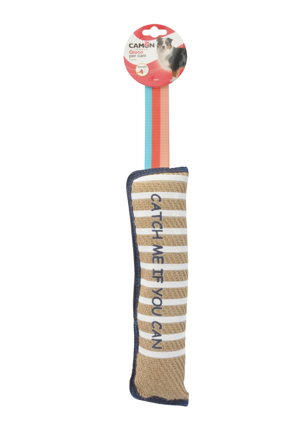 Gioco riportino Camon per cani in sisal con squeaker e maniglia 50 cm Gioco riportino Camon per cani in sisal con squeaker e maniglia 50 cm